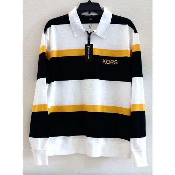 Michael Kors CS250PJ5E2 Mens Sz M Butter Multi Striped L/S Rugby Polo Shirt $128 - Picture 1 of 12